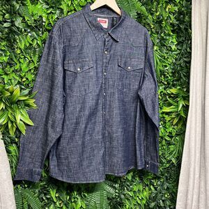 WRANGLER Shirt Men‎ 2XL Blue Denim Western Pearl Snap Cowboy Long Sleeve  1559